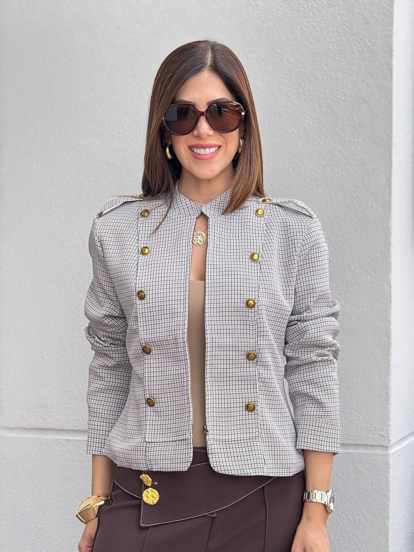 Giomar Beige Vichy Print Blazer Top