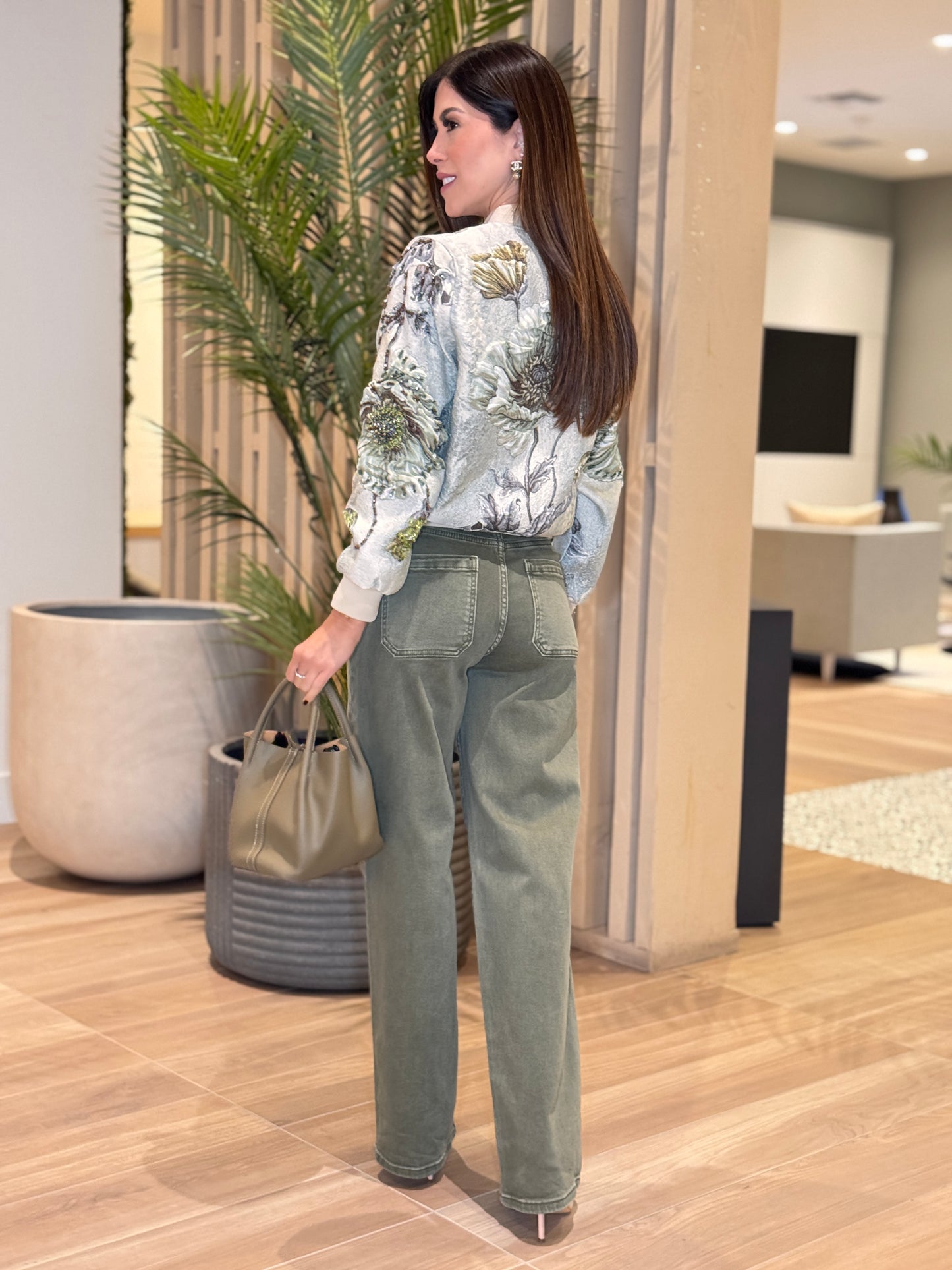 Perky Beige Beaded Bomber Jacket Top