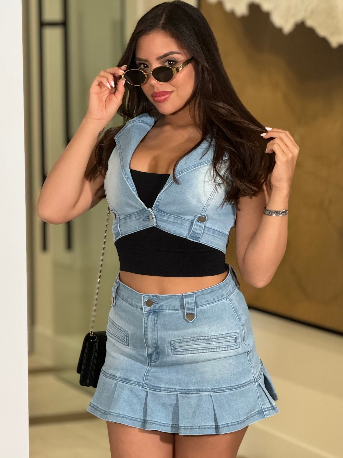 Michelle Denim Skirt+Vest Set