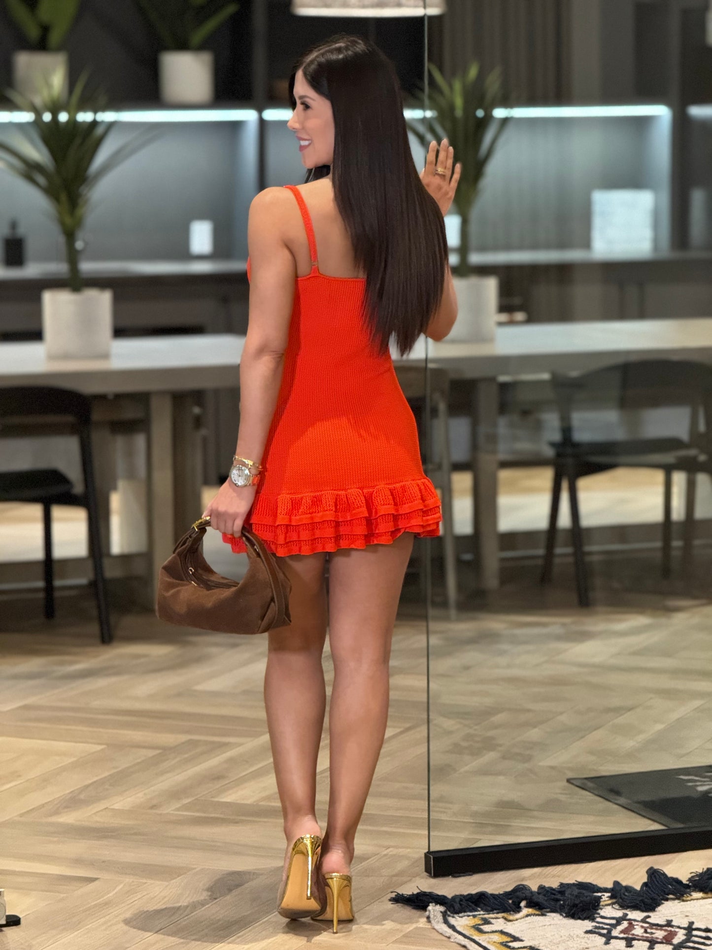 Evelyn Orange Ruffle Knitted Dress