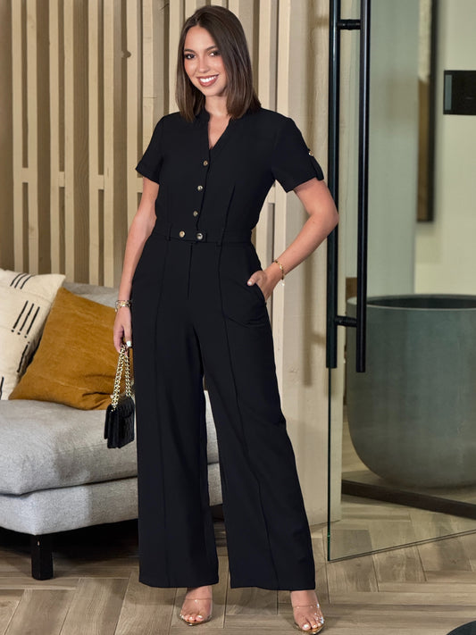 Akira Black Gold Buttons Jumpsuit