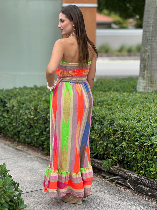 Colorful Strapless Linen Dress