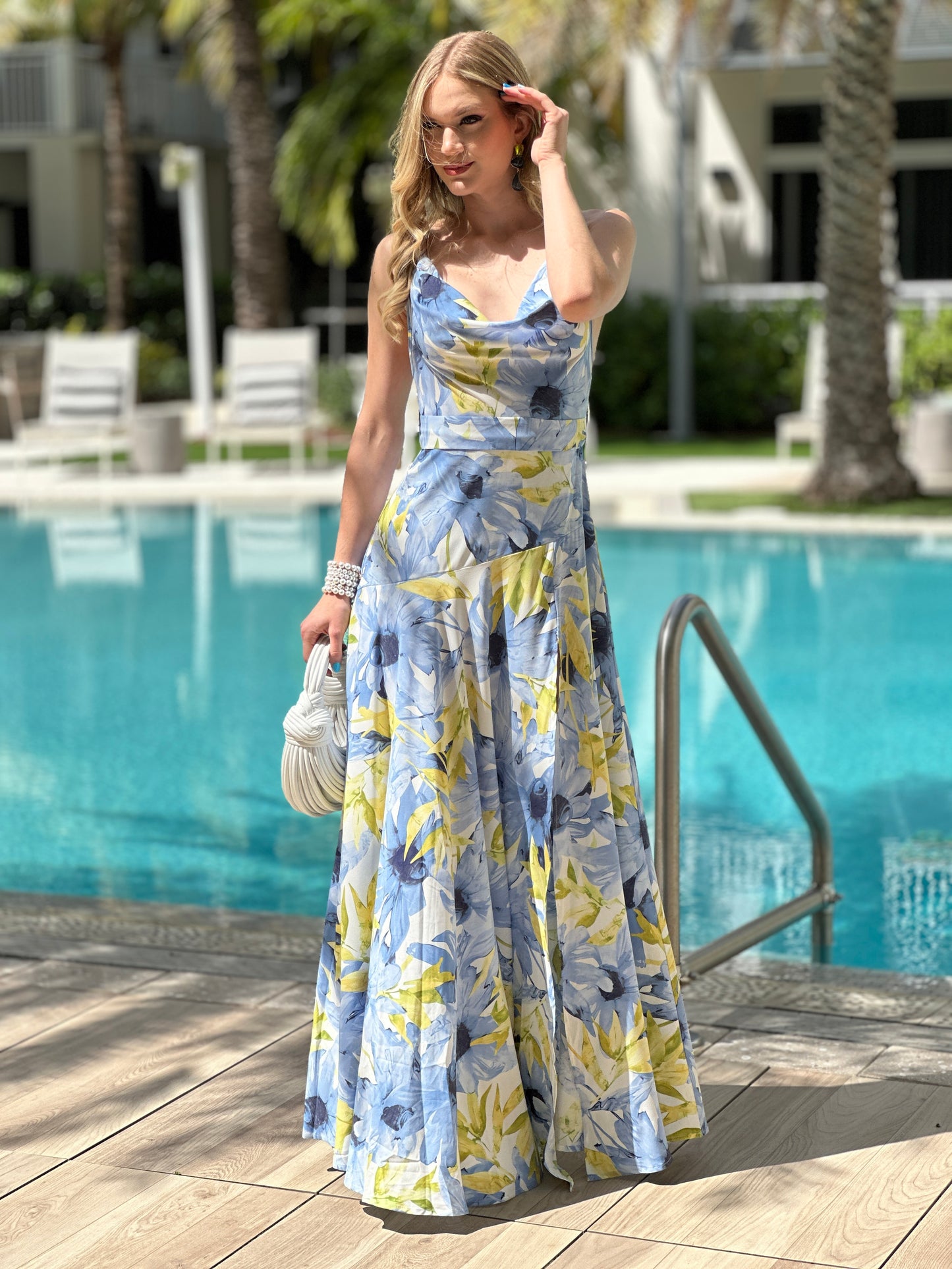 Claire Blue/Yellow Floral Satin Dress