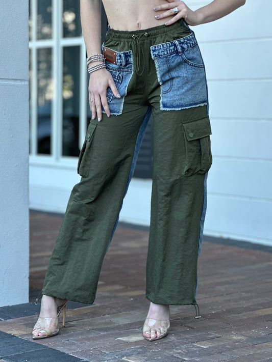 Leslie Denim/Green Cargo Pants