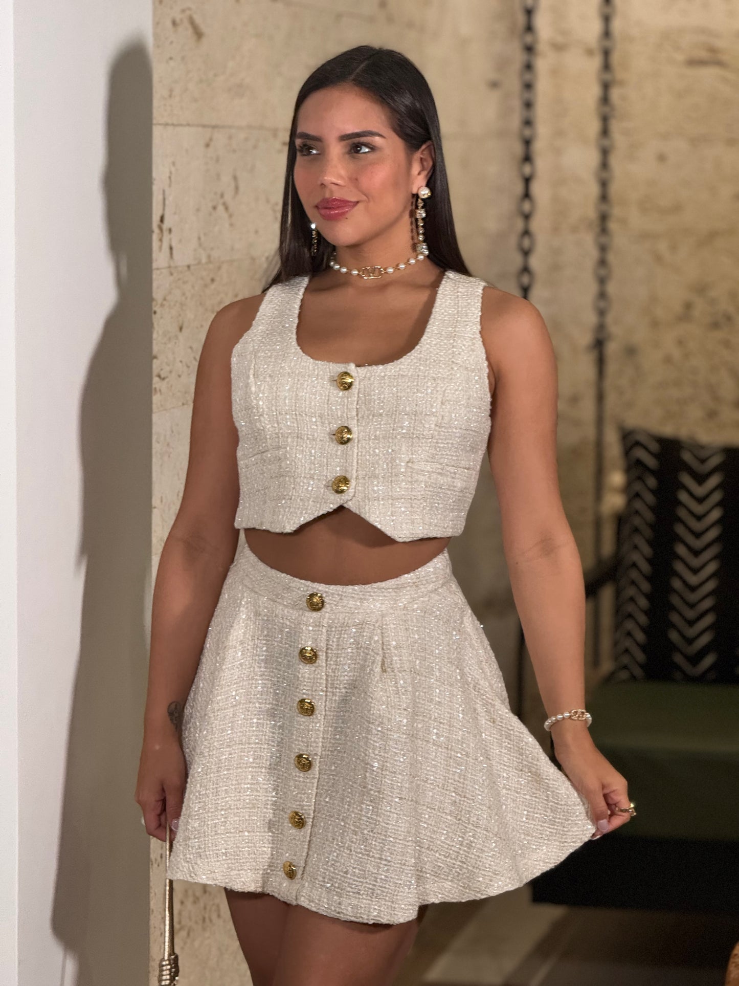 Marbella White Buttons Tweed Skirt Set