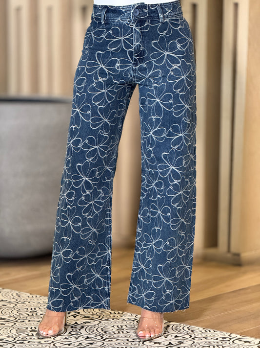 Clovers Print Dark Wash Jeans