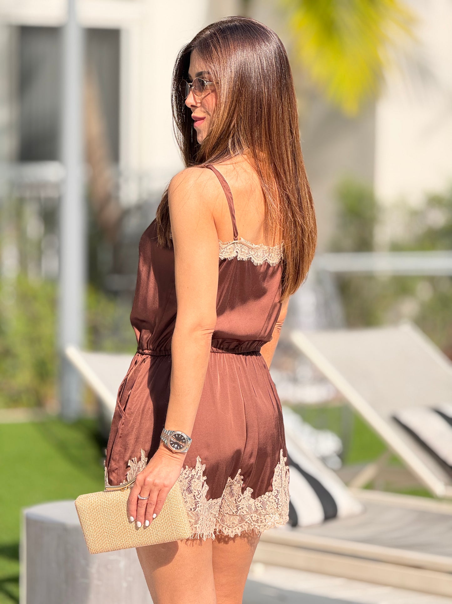 Jealousy Brown/Lace Border Jumpsuit