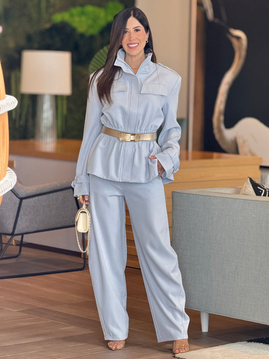 Voguish Blue Jacket Peplum Set