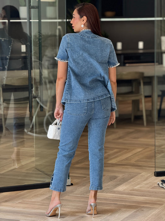 Monica Denim Pearls Set