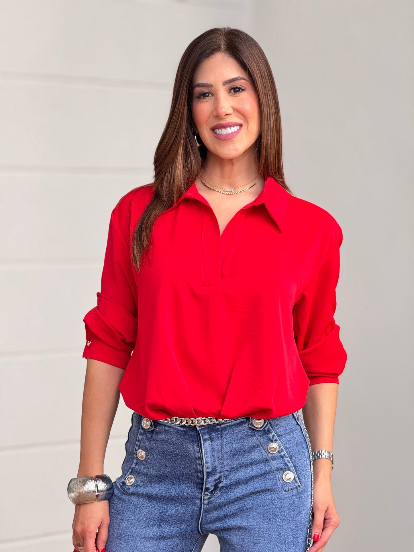 Lovely Red Satin Shirt Top