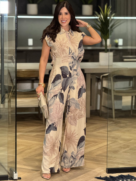 Rory Beige Palms Print Jumpsuit