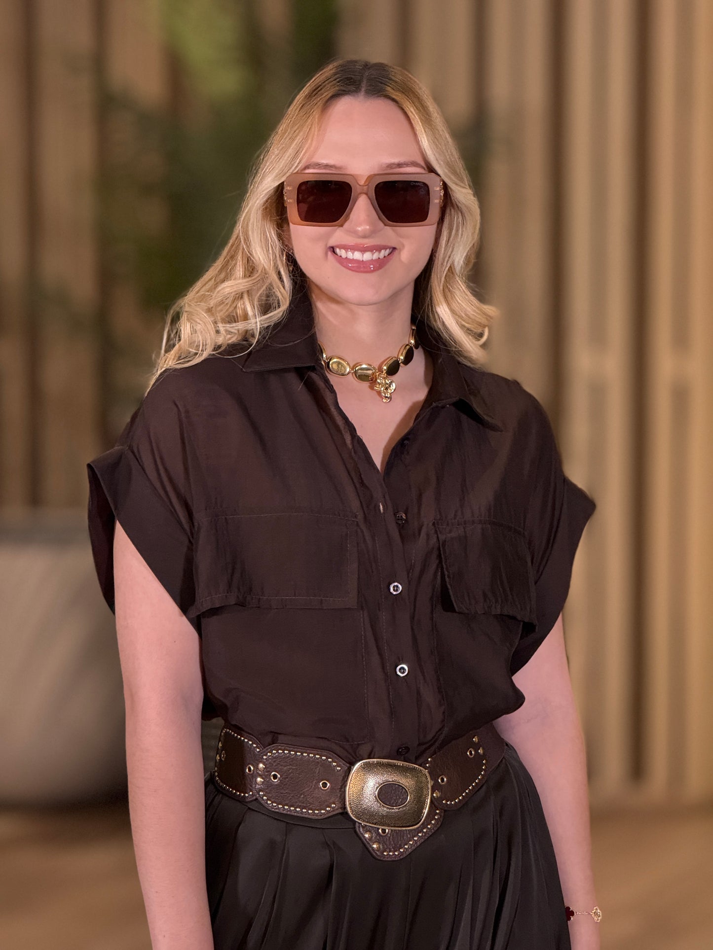 Italian Brown Pocket Chiffon Shirt