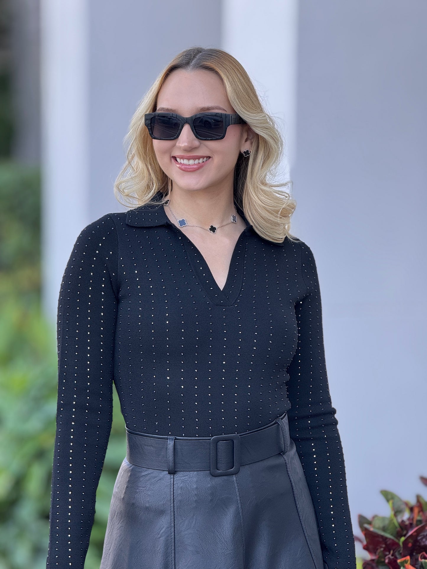 Fifty Black Rhinestone Collar Top