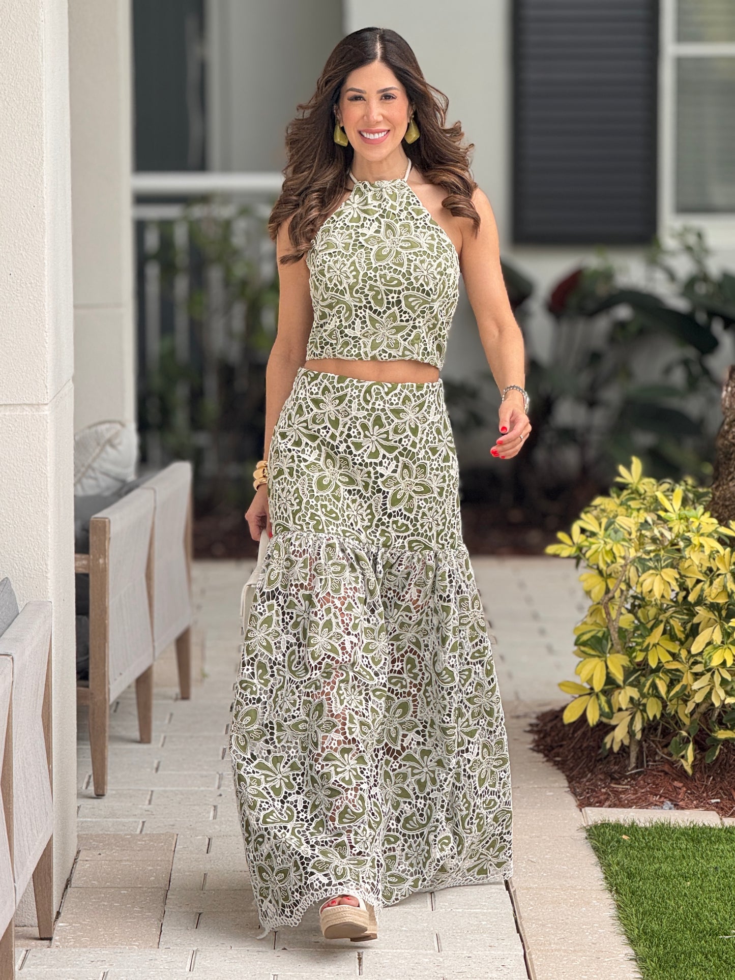 Chic Green Torchon Skirt Set
