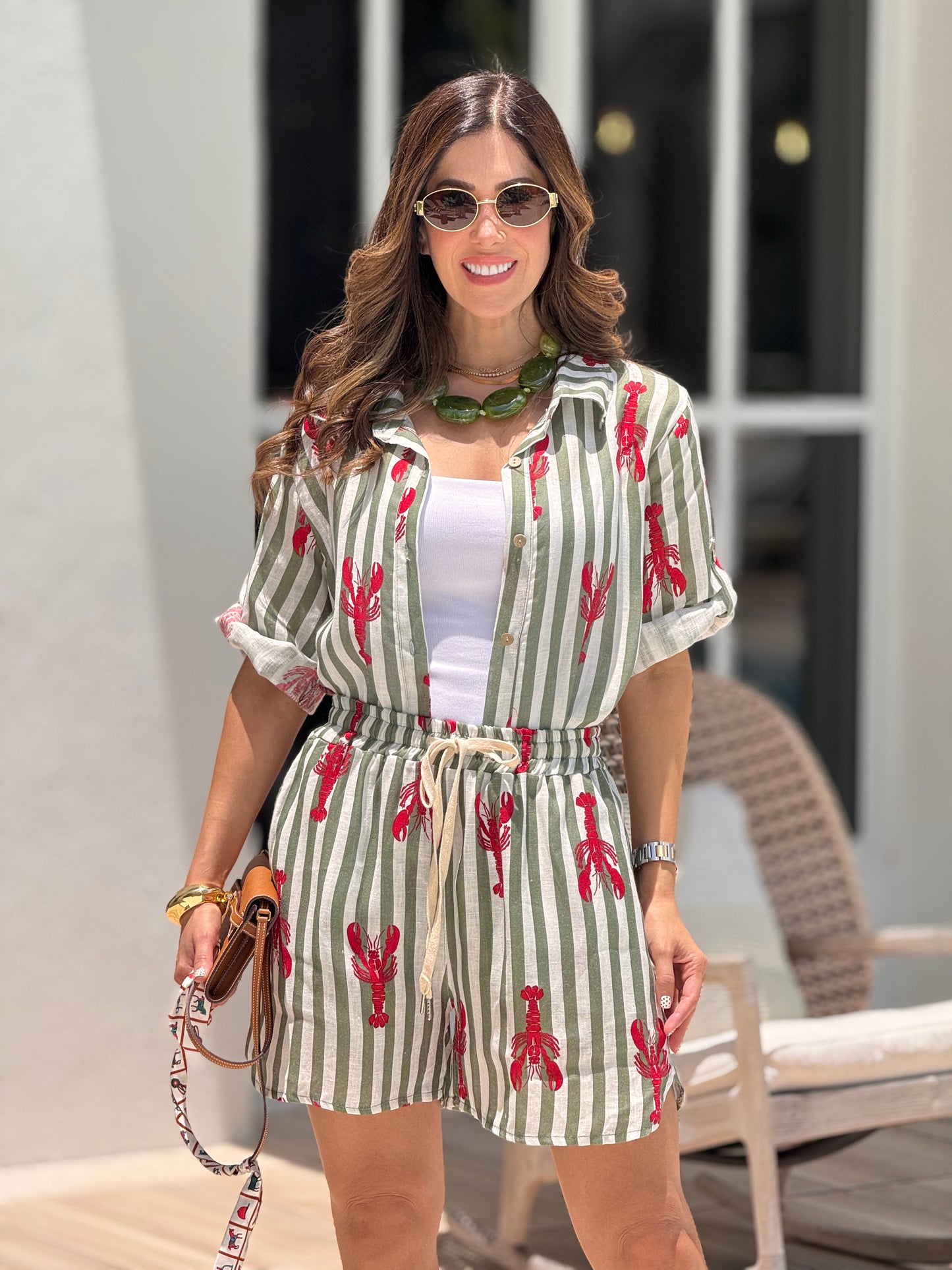 Italy Lobster Green Lines Linen Short Set