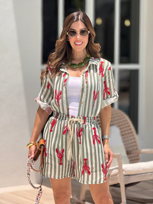 Italy Lobster Green Lines Linen Short Set