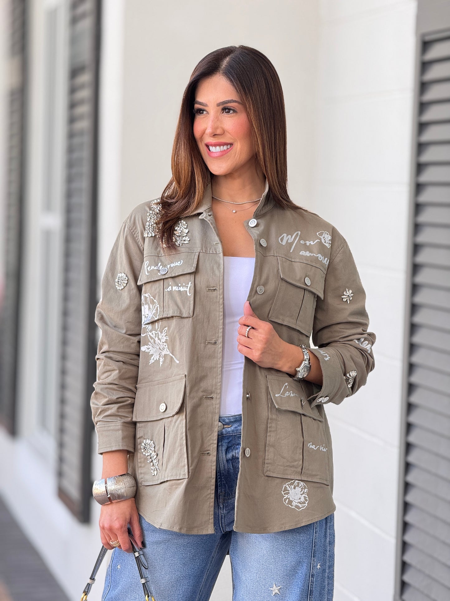 Perky Olive Cargo Rhinestone Jacket Top