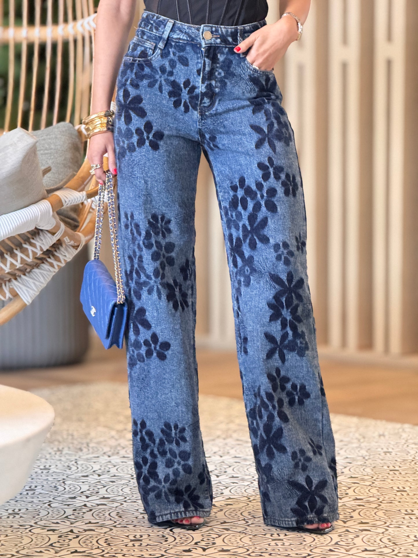 Nina Denim/Navy Suede Floral Jeans