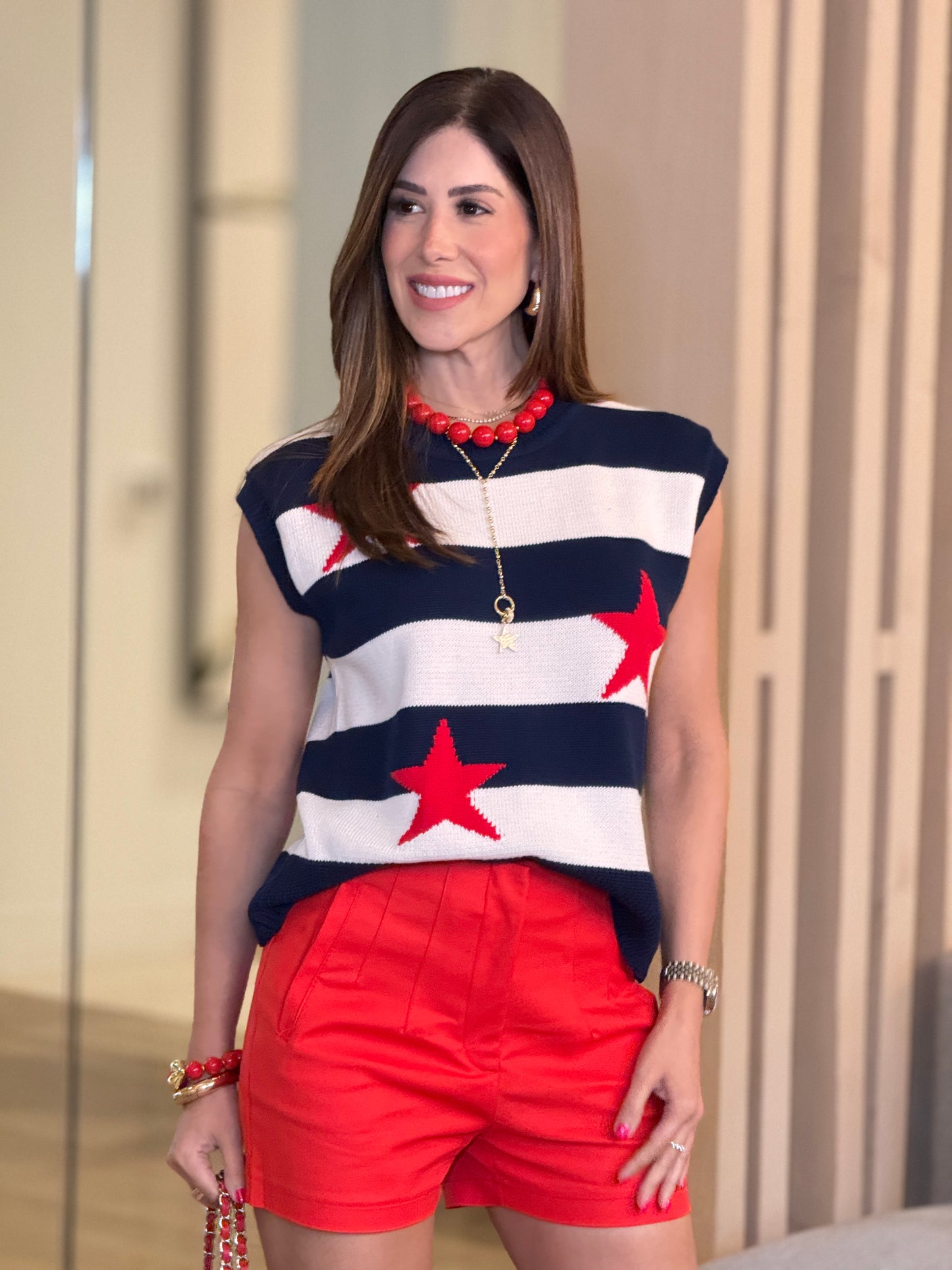 American Star Navy/Red Knit Top