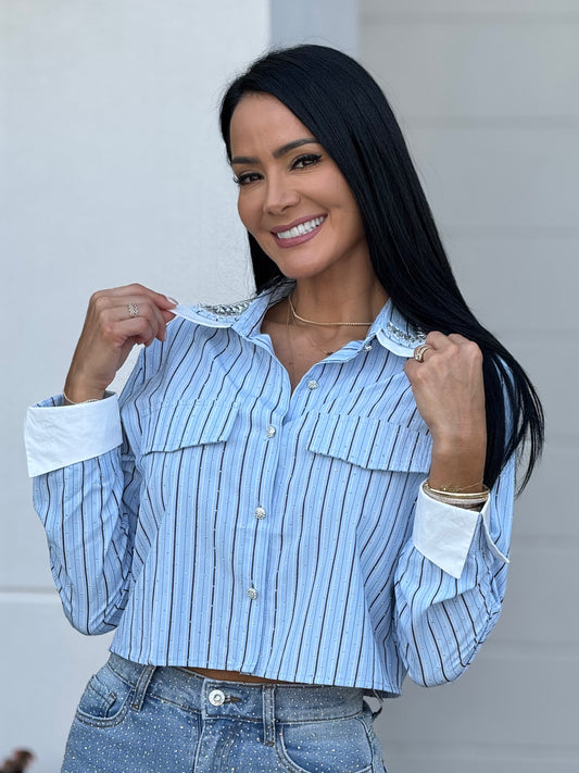 Norkys Blue Lines Rhinestone Collar Shirt