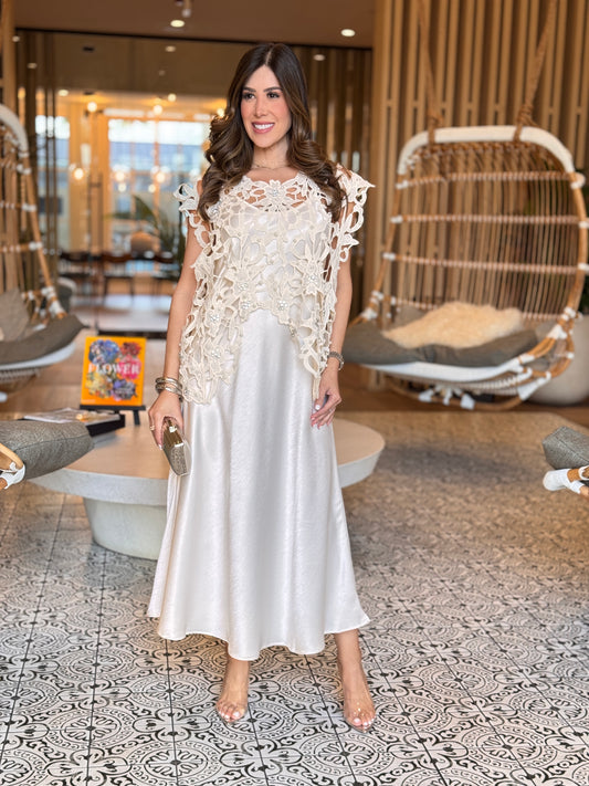 Trendy Ivory Cutout 2-Piece Satin Dress