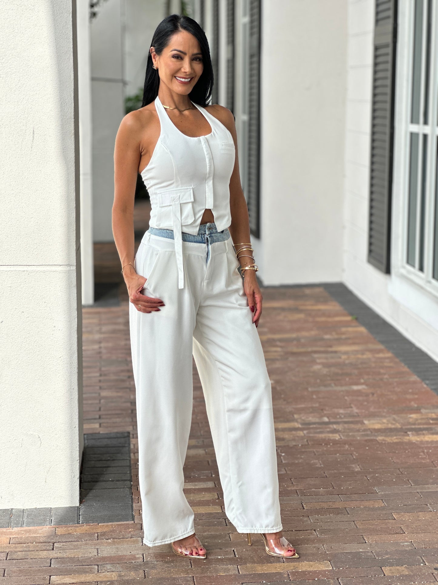 Norkys Denim Waistband White Vest Set