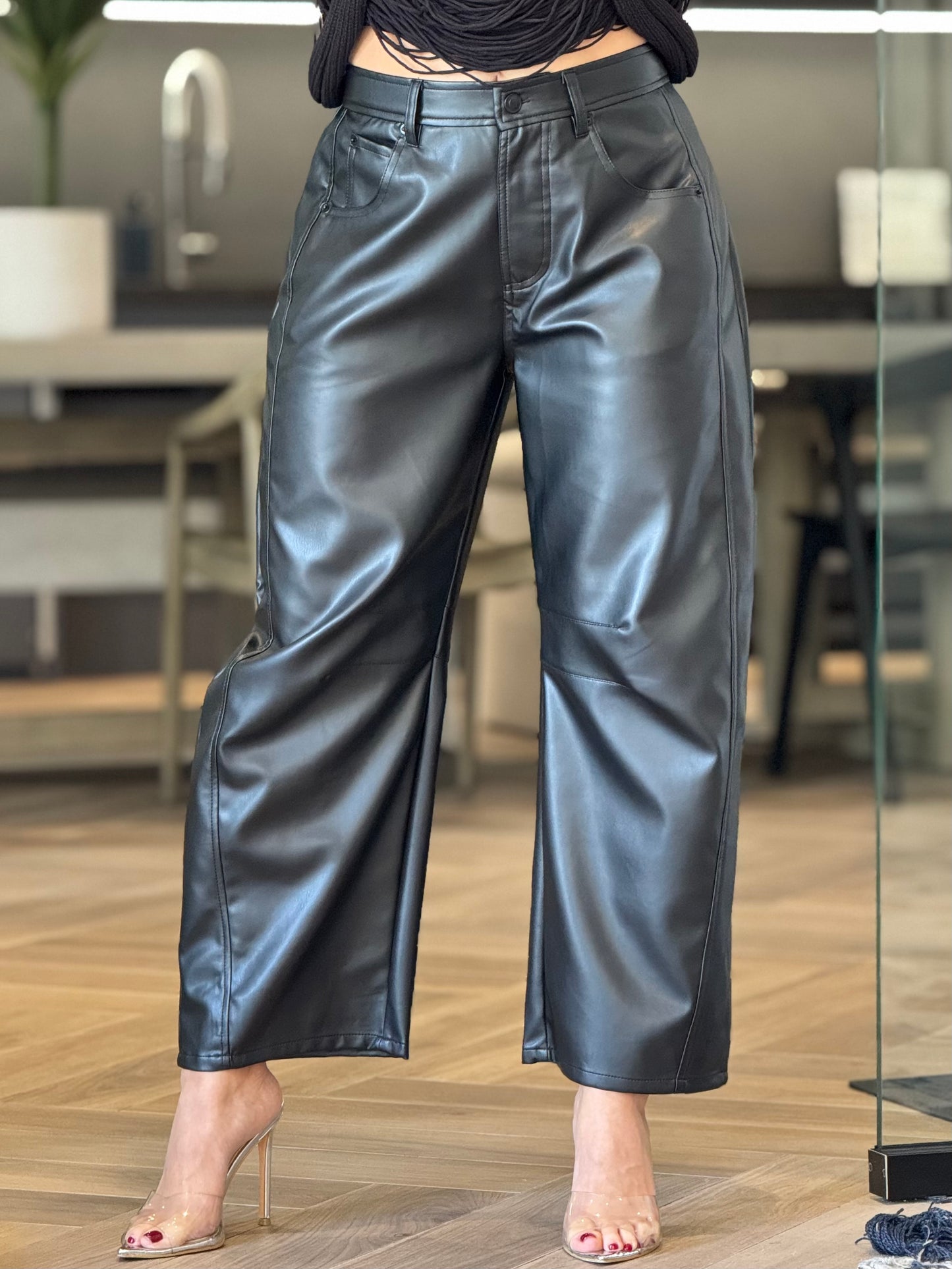 Miou Black Barrel Leather Pants