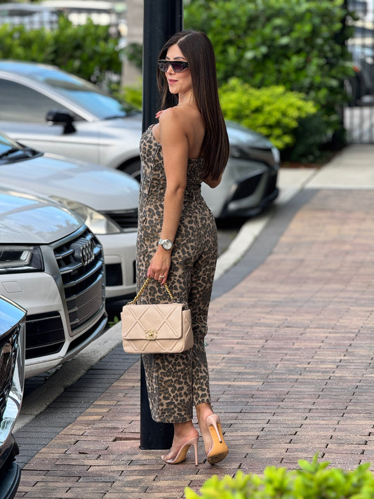 Carlota Leopard Print Denim Jumpsuit