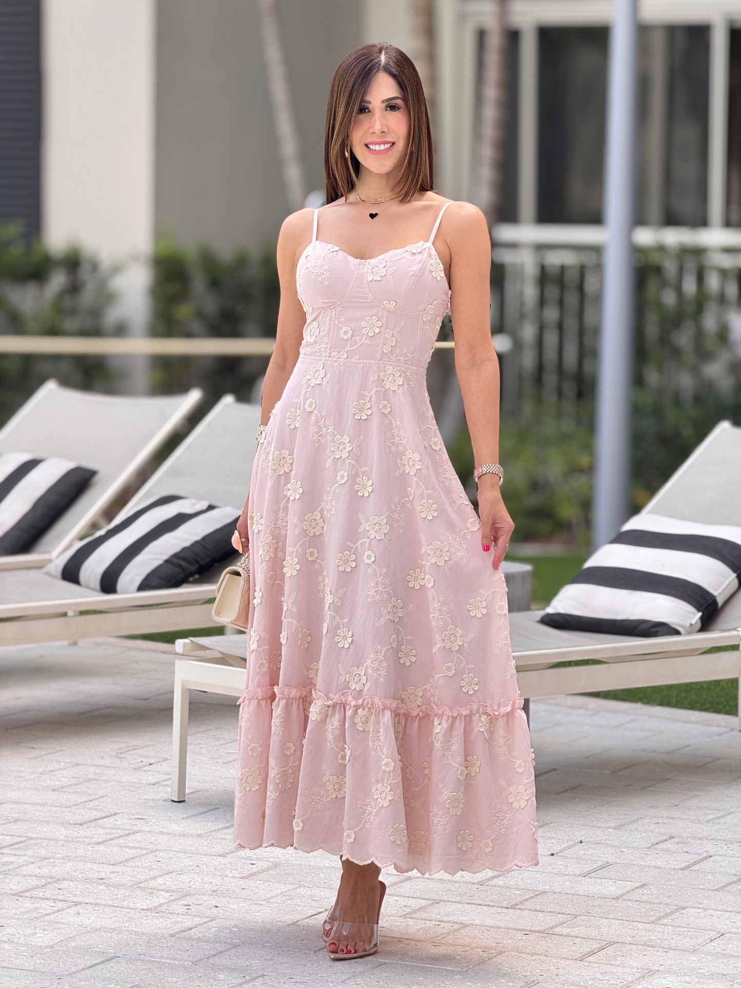Amable Pink Embroidery Lace Midi Dress