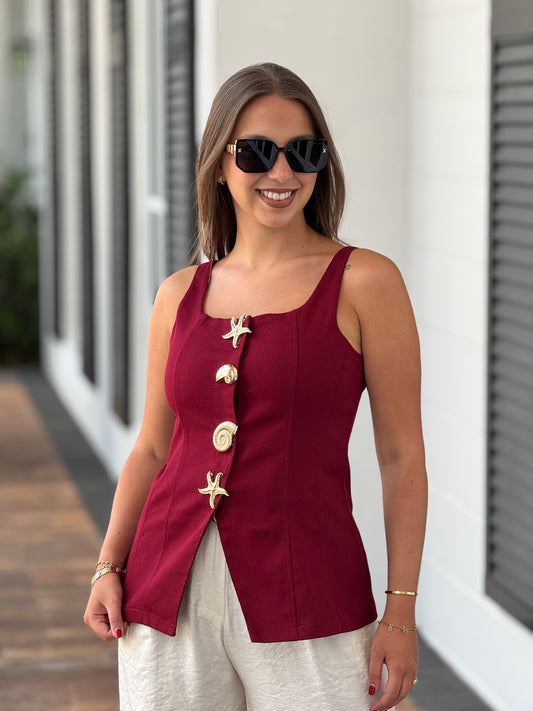 Oceans Burgundy/Gold Buttons Vest Top