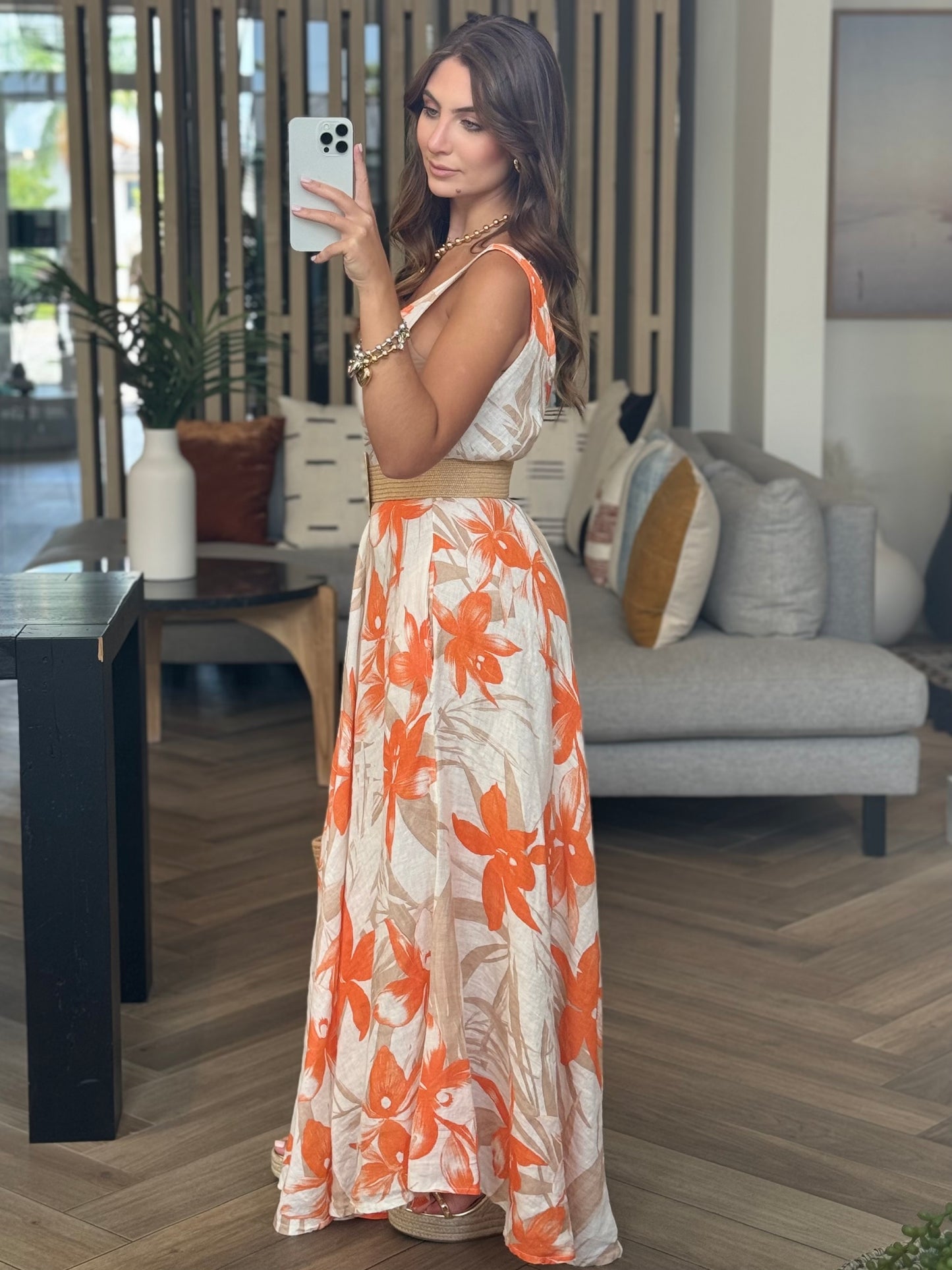 Sharon Orange Linen Dress