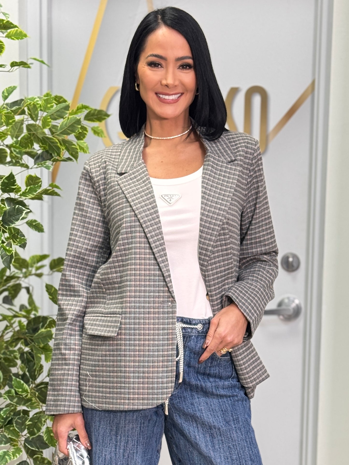 Amber Gray Plaid Blazer Top