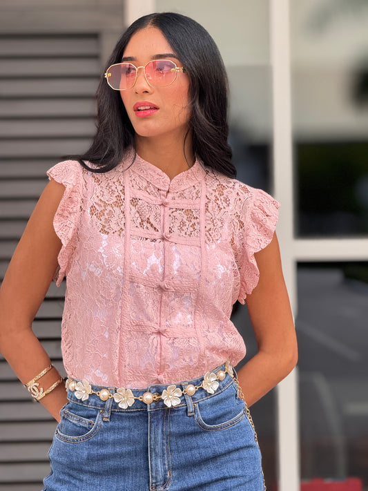 Nyla Chinese Pink Torchon Ruffle Top