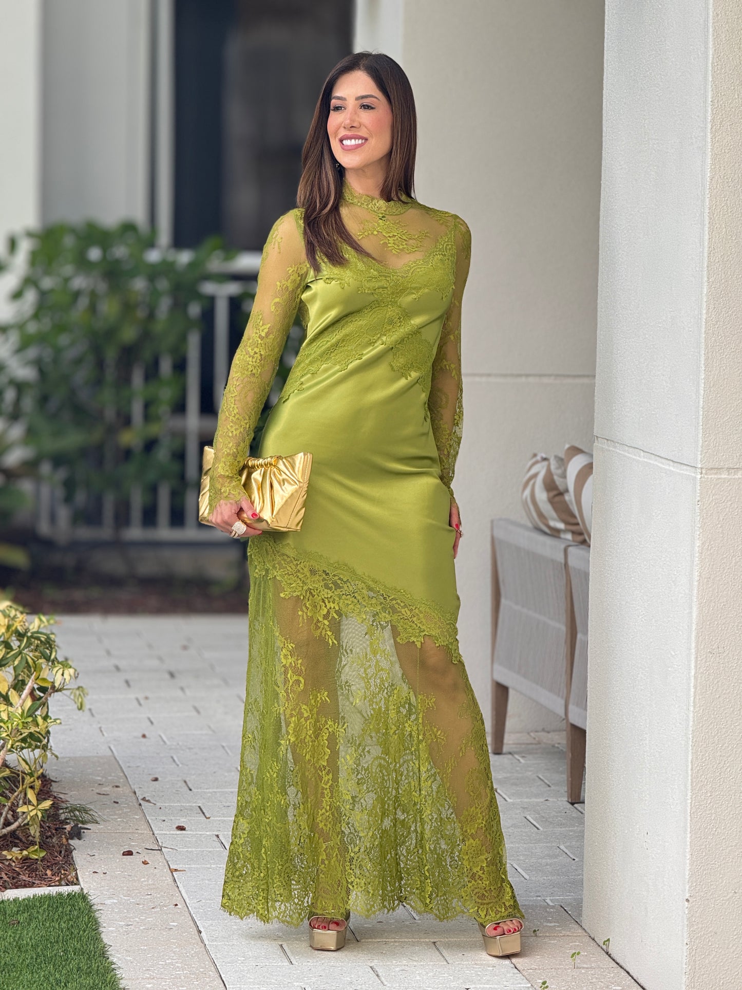Lovely Green Satin Lace Dress Gala