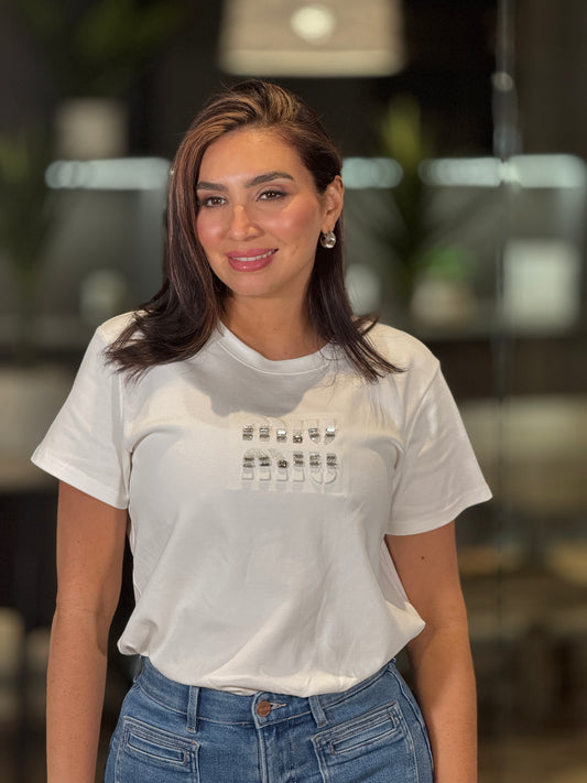 Miu White Rhinestone T-Shirt