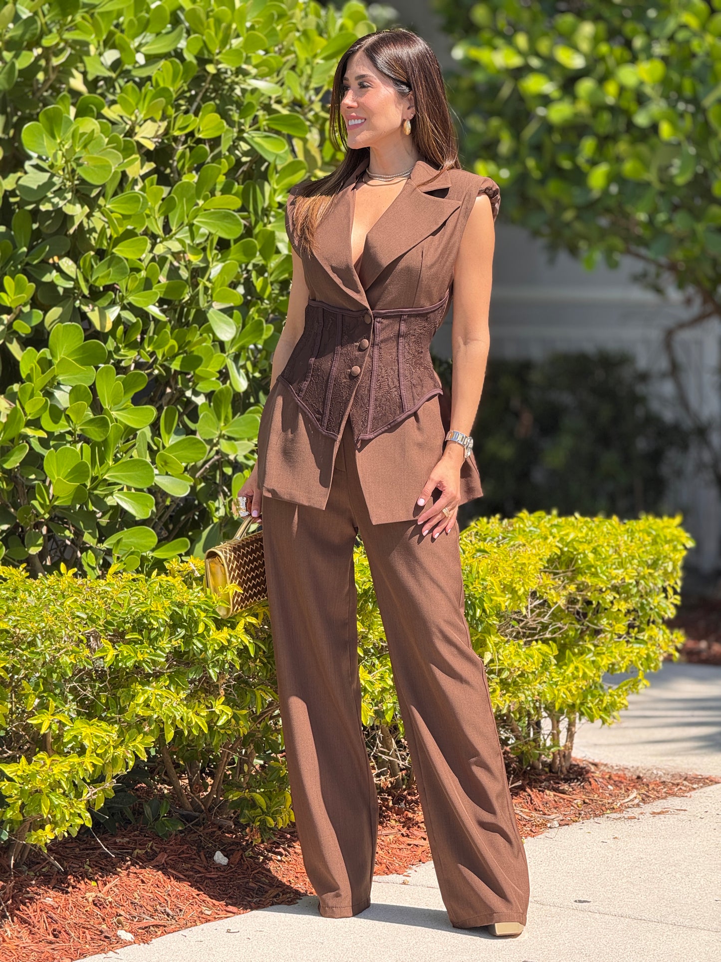 Itoo Brown Lace Bustier Vest Set