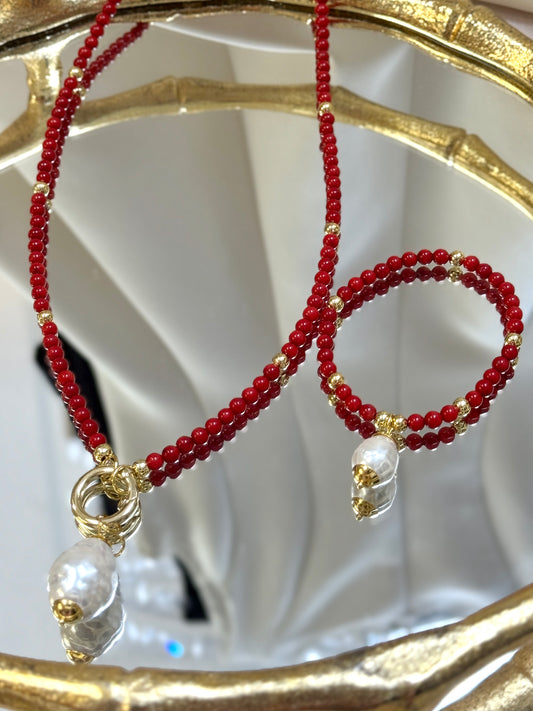Mother Pearl RedNecklace + Bracelet
