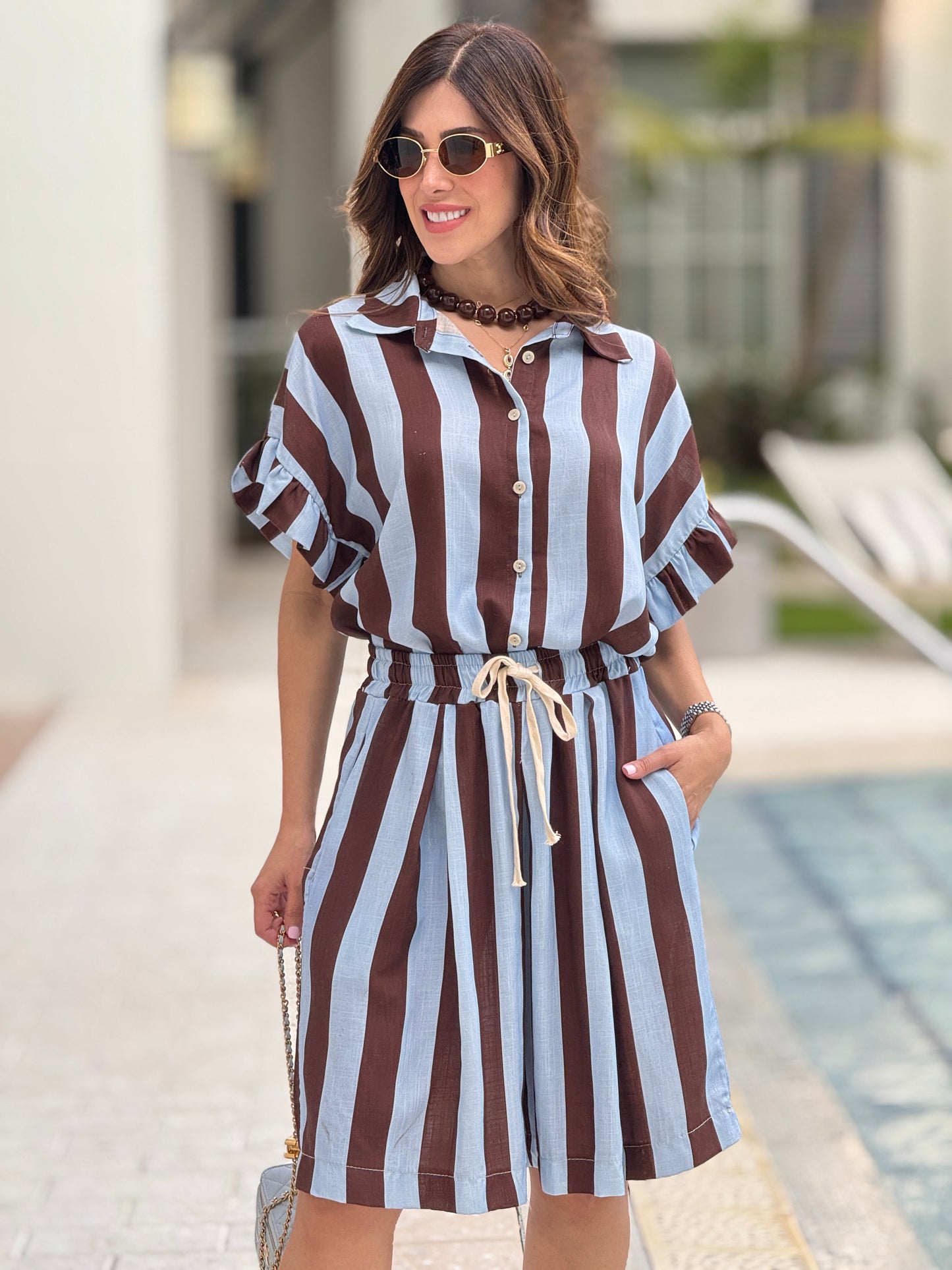 Italy Blue/Brown Ruffle Linen Lines Set