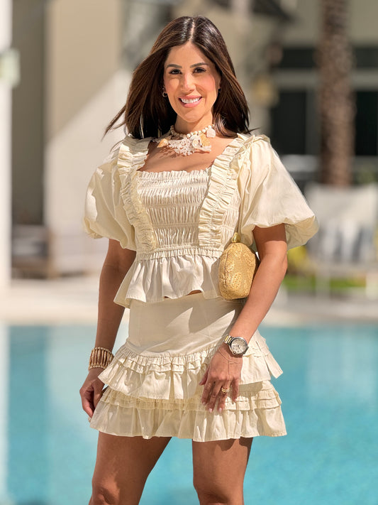 Daylight Beige Ruffle Top+Skirt Set