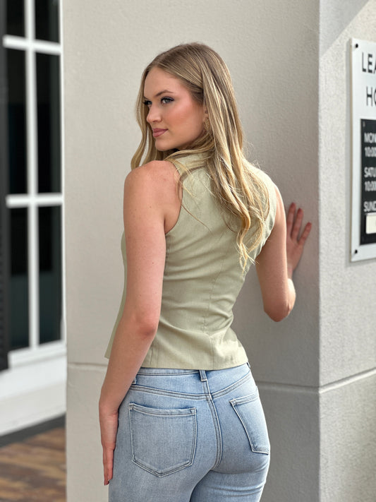 Junie Linen Green Vest Top