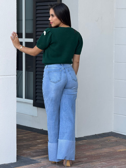 Snowy Green Bow knitted top