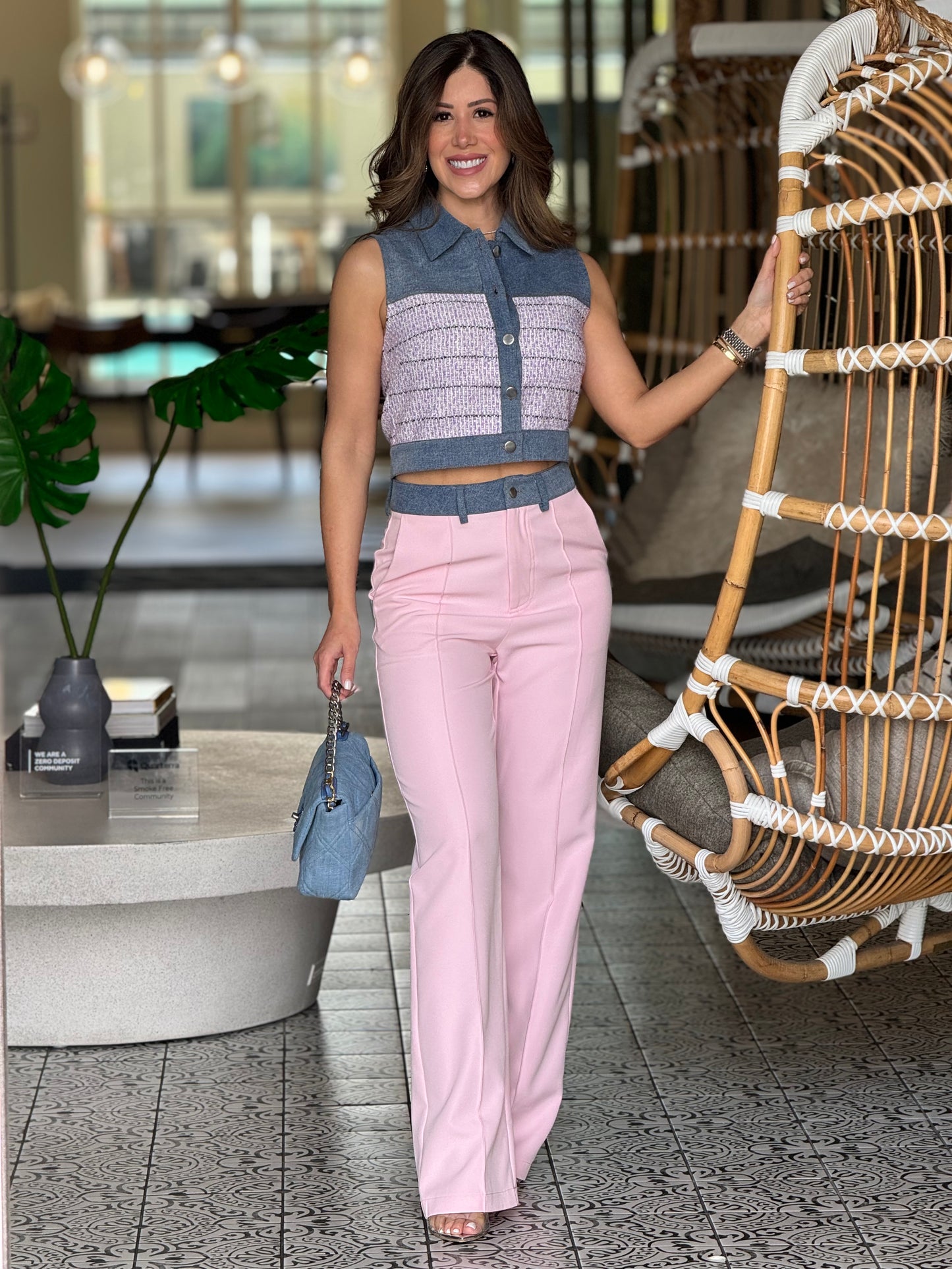 Angelica Pink Tweed Denim Vest+Pant Set