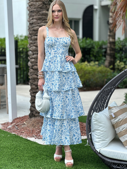 Kelsey Blue Print Ruffles Dress