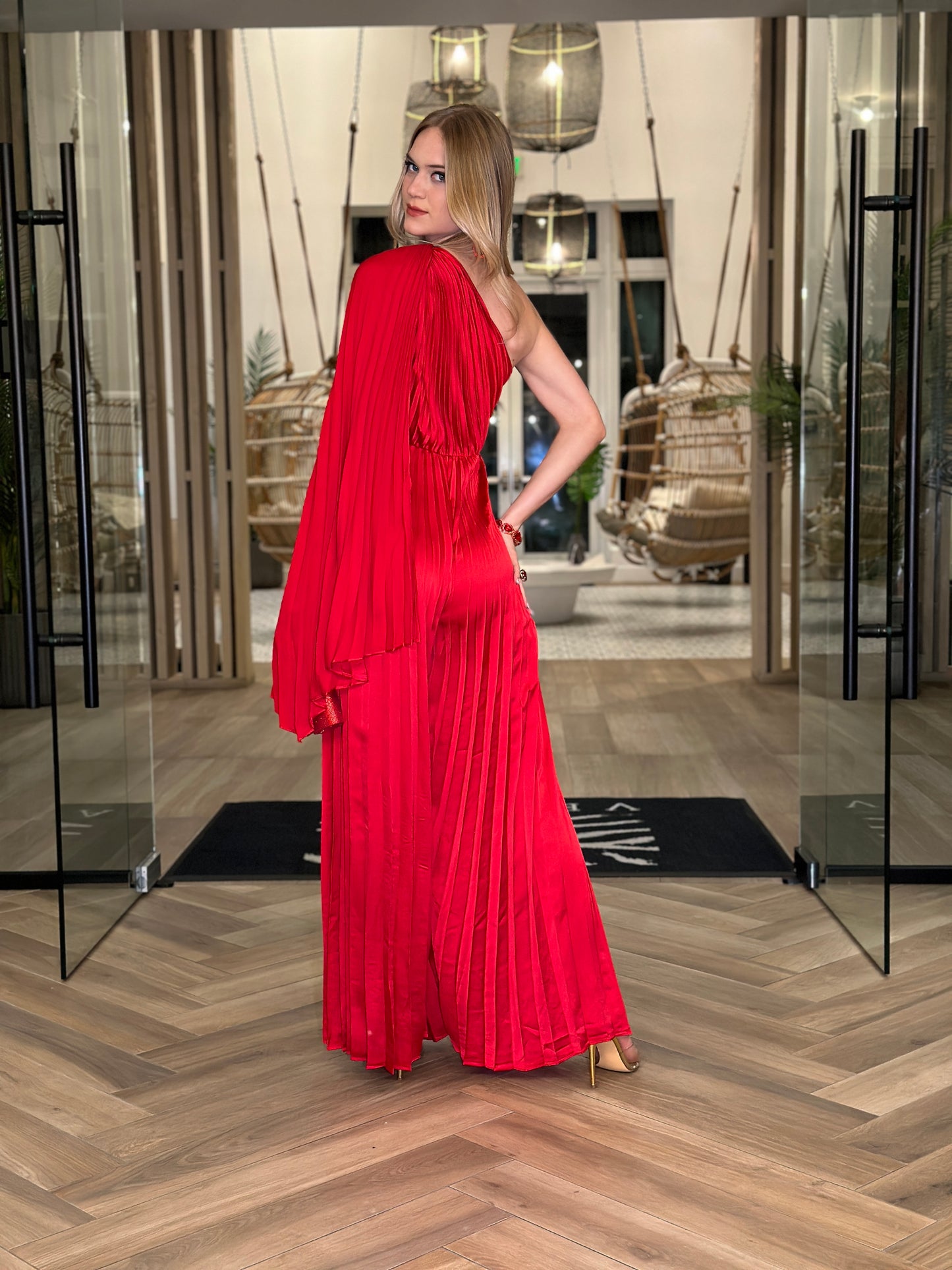 Reyna Red Satin Drapped Jumpsuit Gala