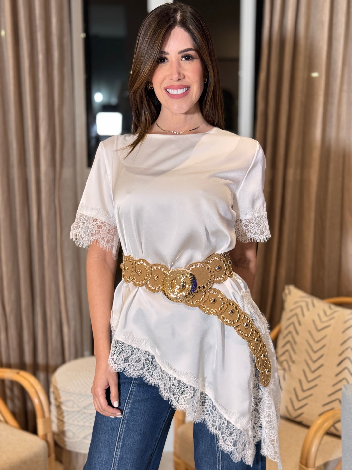 Naples White Satin Asymmetrical Lace Top