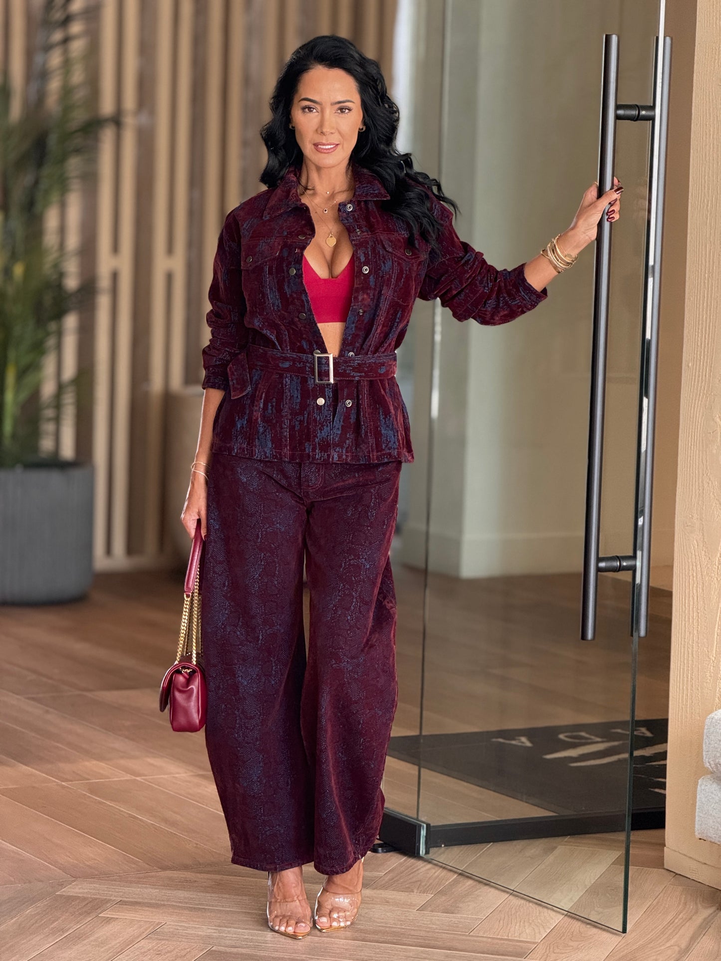 French Burgundy Snake Suede Jeans