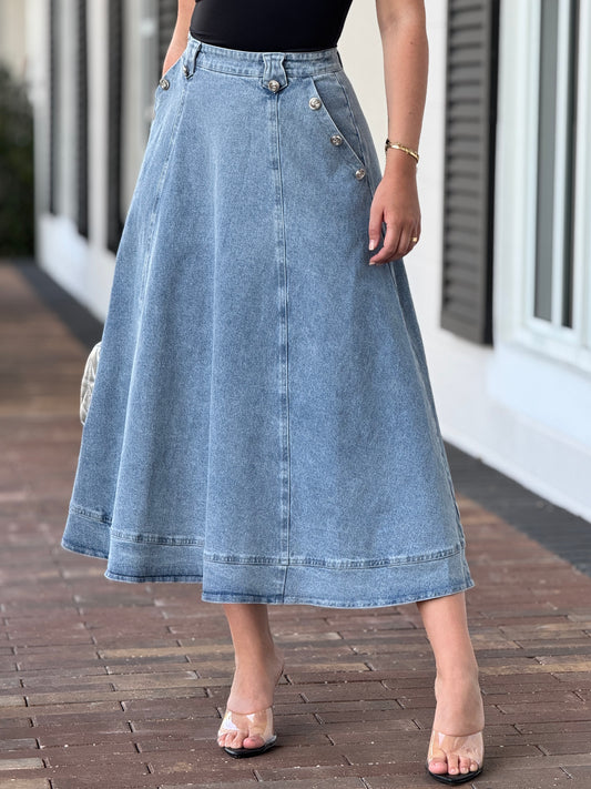 Ashley Denim Skirt (Silver Buttons)