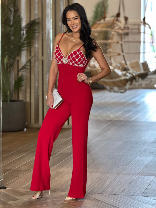 Norkys Rhinestone Red Jumpsuit Gala