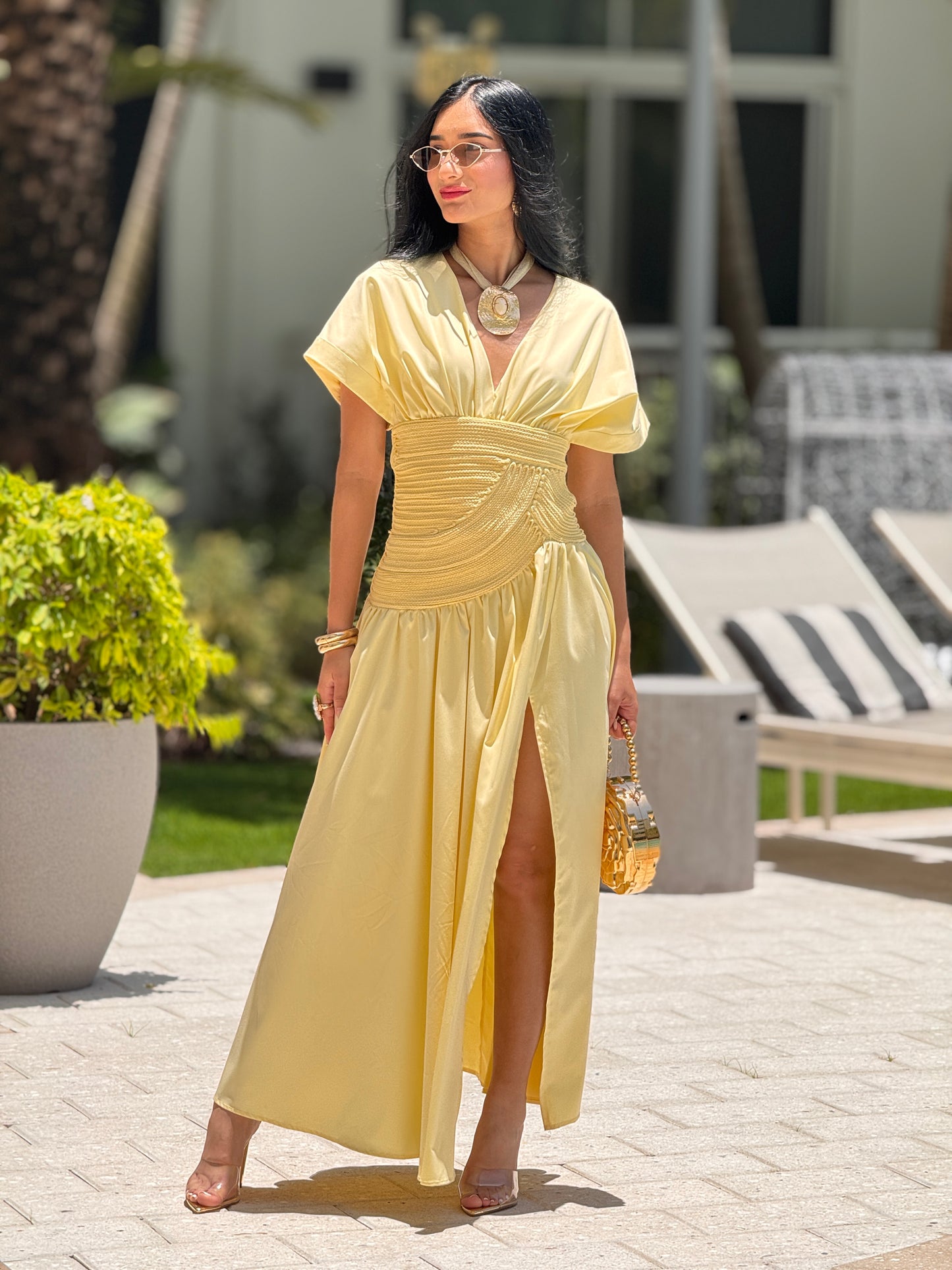 Chic Yellow Braids Satin Dress