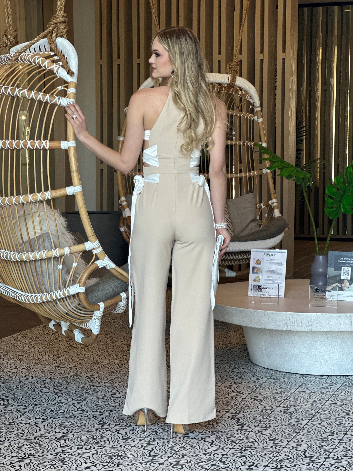 Janine Beige&White Bow Coquette Jumpsuit